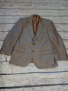 Alan Flusser Tan Blue Plaid Silk Worsted Wool Blend Blazer 40R
